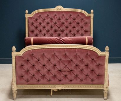 Carved lacquered wood bed with crushed raspberry...