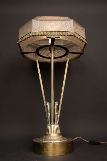 Large bronze salon lamp with molded glass...