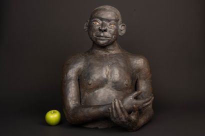 Large bust of an African man in patinated...