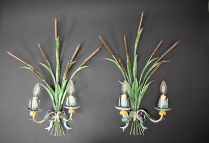 Pair of two-light sconces in painted sheet...