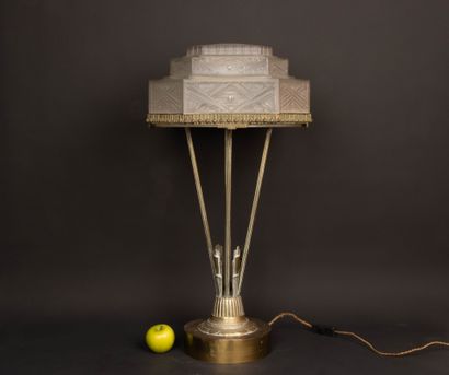 Large bronze salon lamp with molded glass...