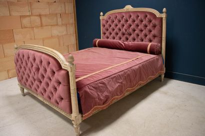 Carved lacquered wood bed with crushed raspberry...