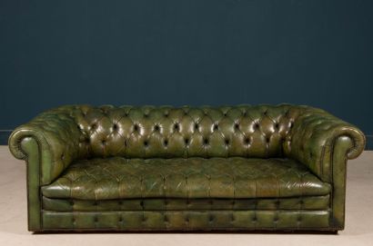 Green leather upholstered Chesterfield sofa.
Early...