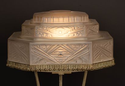 Large bronze salon lamp with molded glass...