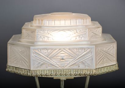Large bronze salon lamp with molded glass...