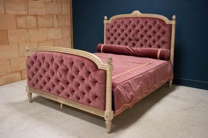 Carved lacquered wood bed with crushed raspberry...