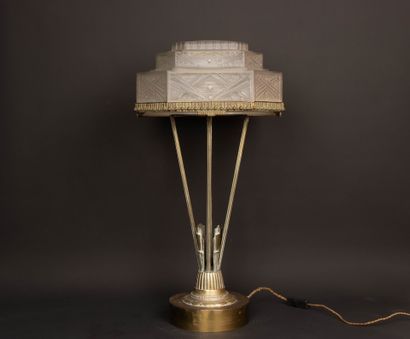 Large bronze salon lamp with molded glass...