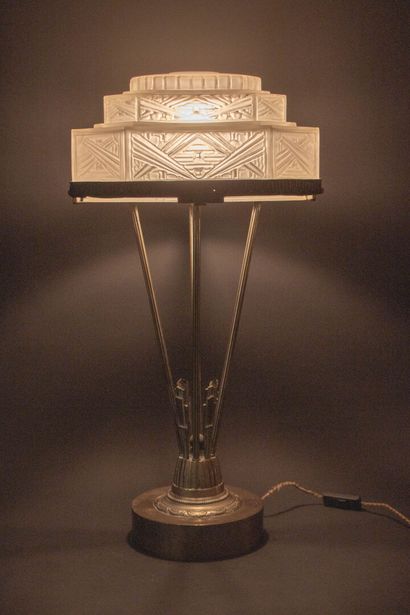Large bronze salon lamp with molded glass...