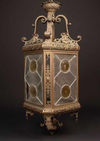 Bronze lantern with stained glass.
Circa...