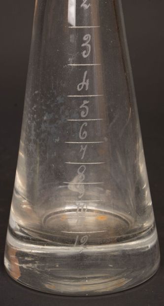 Bouteille conique en verre graduée. 
H. :25...