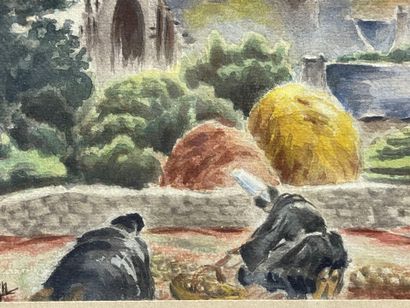 Eglise bretonne. 
aquarelle encadrée. 
signée...