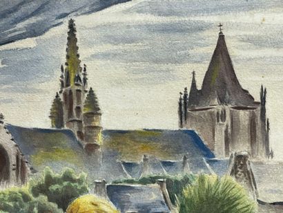 Eglise bretonne. 
aquarelle encadrée. 
signée...