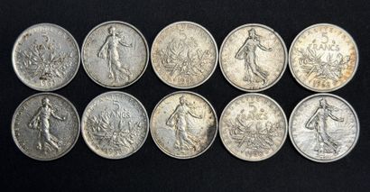 10 pièces de 5 francs argent semeuse, années...