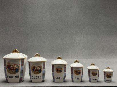 Série de six pots à épices en porcelaine...