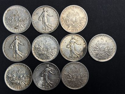10 pièces de 5 francs argent semeuse, années...