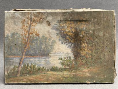 Paysage. 
trois huiles sur toile. 
27 x 41...