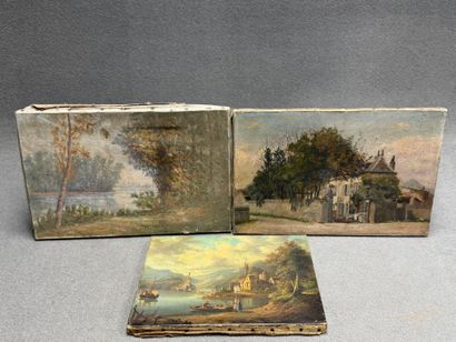 Paysage. 
trois huiles sur toile. 
27 x 41...