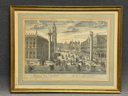 Gravure réhaussée de la Place Saint Marc...