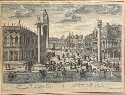 Gravure réhaussée de la Place Saint Marc...