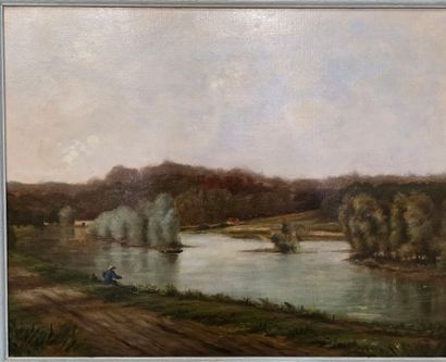 Trumeau en bois laqué, orné d'un paysage...