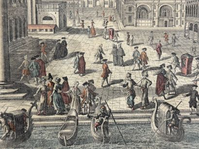 Gravure réhaussée de la Place Saint Marc...