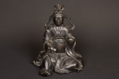 Large black patina bronze figure of Guanyin...
