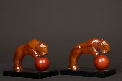 Pair of bookends decorated with tigers in...