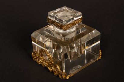 Glass inkwell and neo-classical bronze frame....