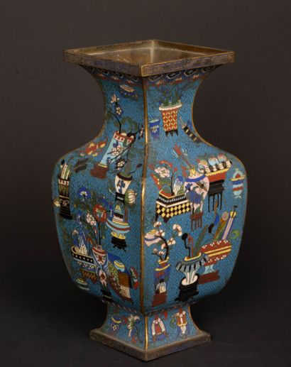 Square bronze and copper baluster vase with...