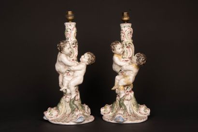 Important pair of polychrome enameled earthenware...