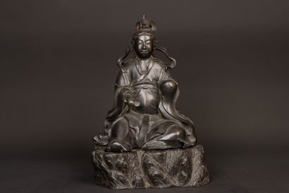 Large black patina bronze figure of Guanyin...
