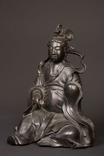 Large black patina bronze figure of Guanyin...