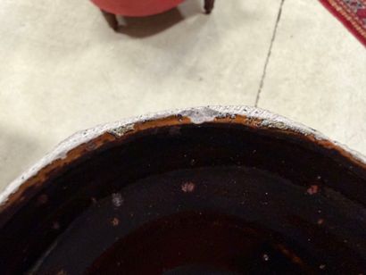 Brown-black enameled stoneware box with cut...