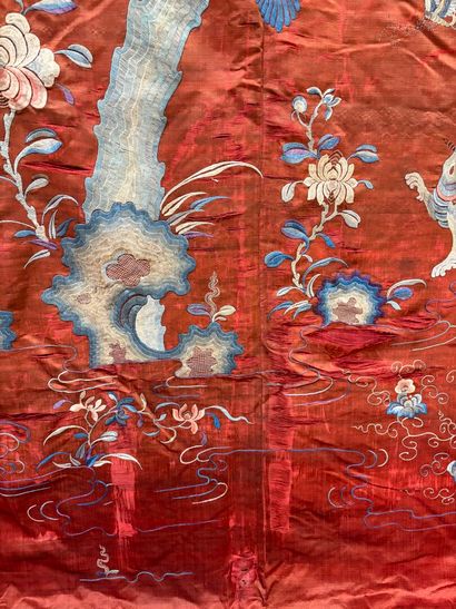 Silk portetière embroidered with blue and...