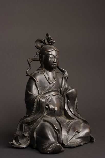 Large black patina bronze figure of Guanyin...