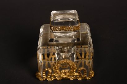 Glass inkwell and neo-classical bronze frame....