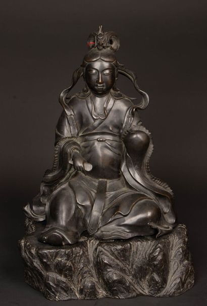 Large black patina bronze figure of Guanyin...