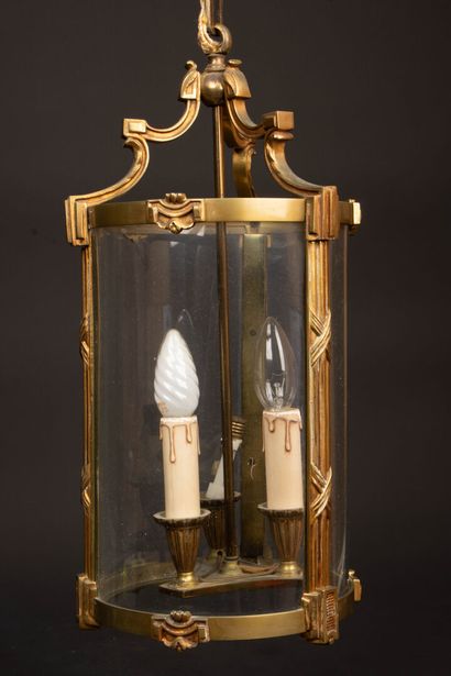 Brass glass and bronze three-light cylindrical...