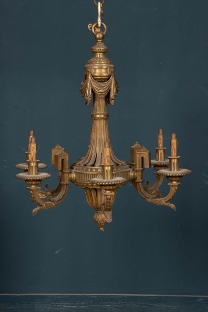 Six-light bronze chandelier with draperies...