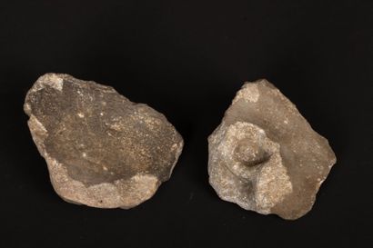 Reunion of two carved stone fragments depicting...