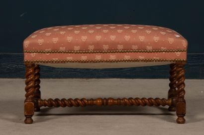 Turned wood stool with fabric upholstery...