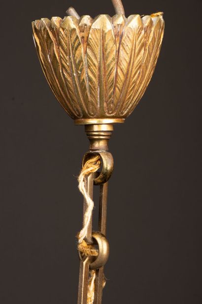 Brass glass and bronze three-light cylindrical...