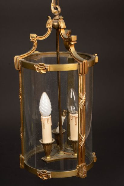 Brass glass and bronze three-light cylindrical...