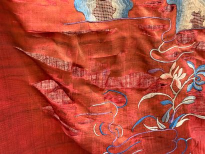 Silk portetière embroidered with blue and...