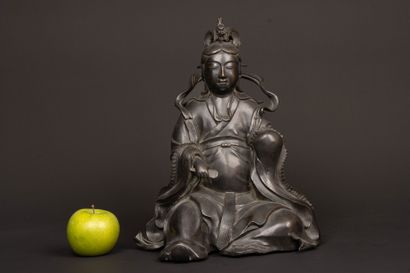 Large black patina bronze figure of Guanyin...