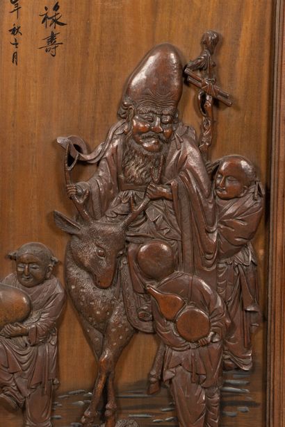 Wooden panel carved in bas-relief of Shoulao...