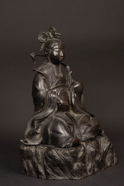 Large black patina bronze figure of Guanyin...