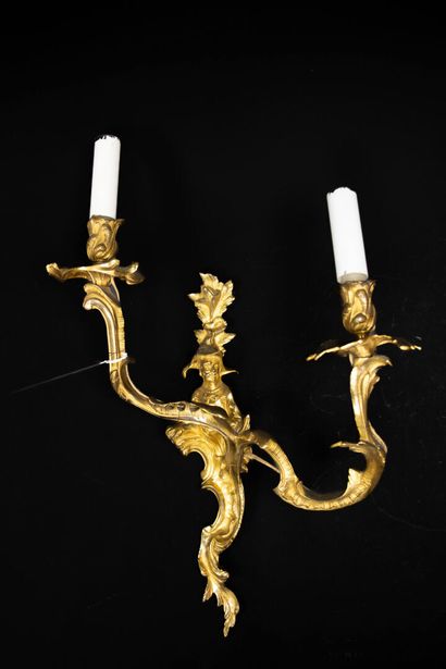 Pair of gilt bronze sconces with two asymmetrical...