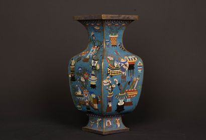 Square bronze and copper baluster vase with...
