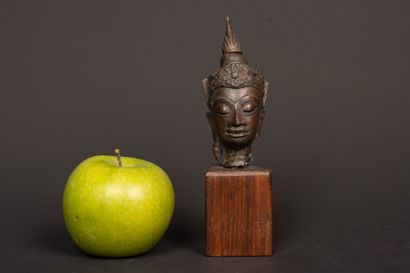 Crowned Buddha head in bronze with brown...
